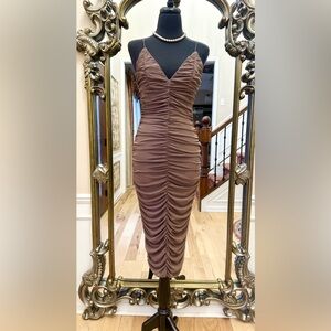 Fashion Nova Spaghetti Straps Brown Ruched Midi Dress Size M (new with no tags)